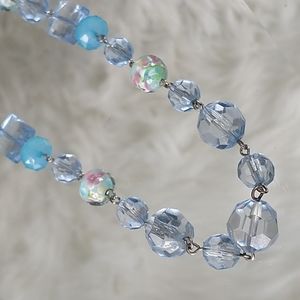 Blue prism cut pink floral lampworked square beads long beaded necklace